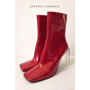 Jeffrey Campbell Kayak 2 Red Patent Ankle Boots Lucite Clear Heel Square Toe 8.5